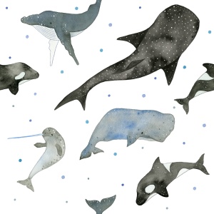 Watercolour whale repeat pattern design by Jem Loves to Draw